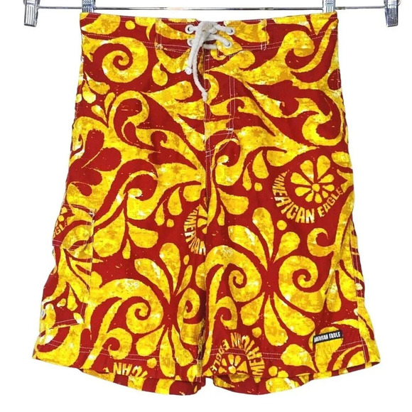 American Eagle Outfitters Board Shorts Swim Trunk Men Size 28 Red and Yellow - Picture 1 of 8